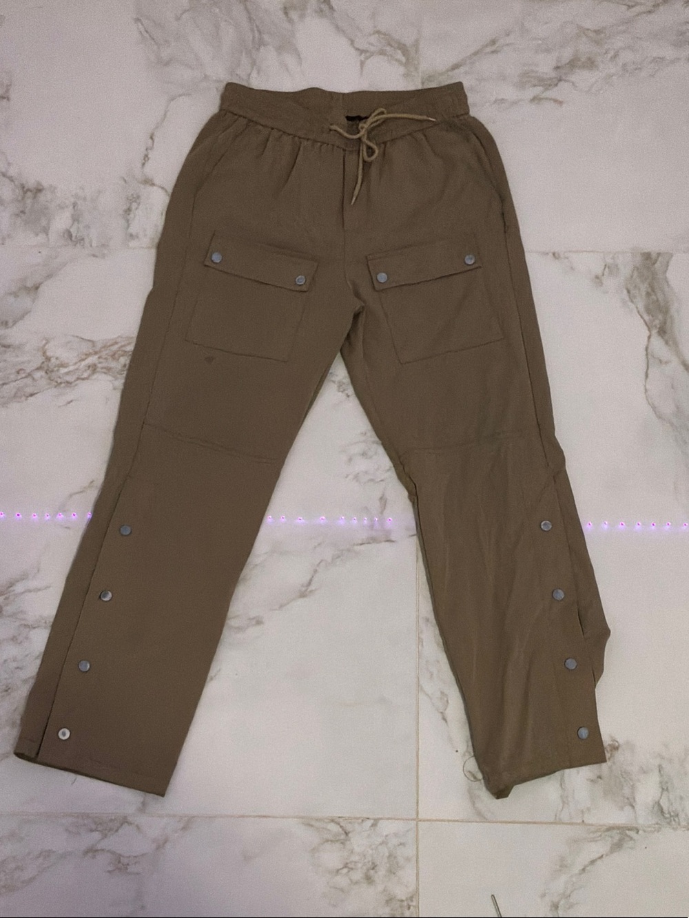 Men's Olive Cargo Pants with Snap Hem & Drawstring Waist